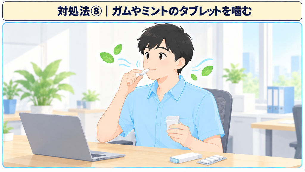デスクでミントのタブレットを口に運んでいる様子