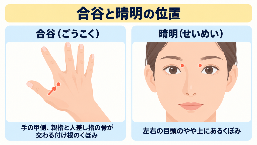 合谷と晴明の位置を示した図。合谷は手の甲側で親指と人差し指の骨が交わる付け根のくぼみ、晴明は左右の目頭のやや上にあるくぼみ