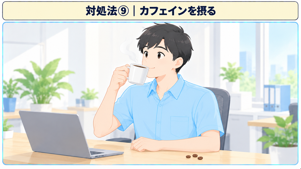 デスクでコーヒーの入ったマグカップを口に運んでいる様子
