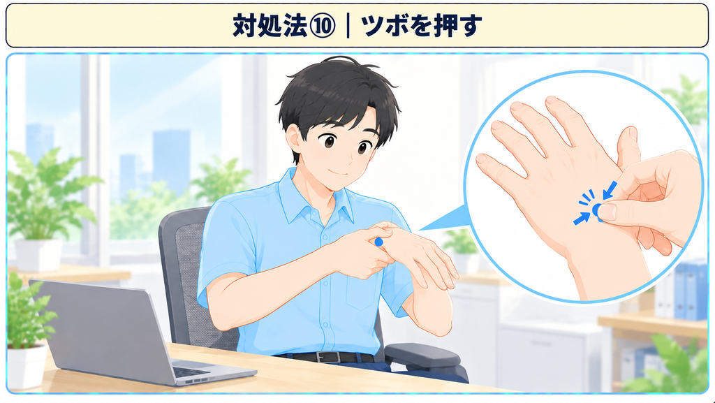 デスクで合谷のあたりを親指で押している様子と、手の甲の拡大図
