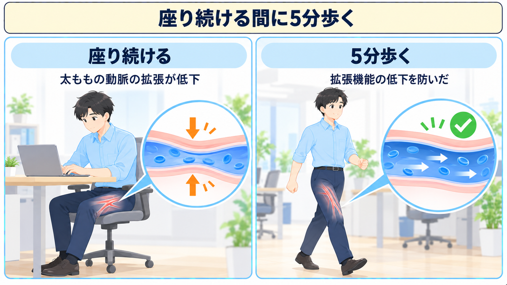 座り続けたときに太ももの動脈の拡張が低下する様子と、5分歩いて低下を防いだ様子を並べた比較図