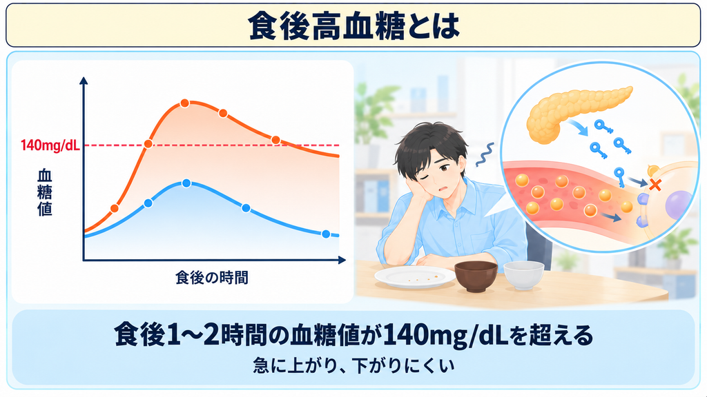 食後1〜2時間の血糖値が140mg/dLを超える食後高血糖を示したグラフと、食後に眠気を感じている様子