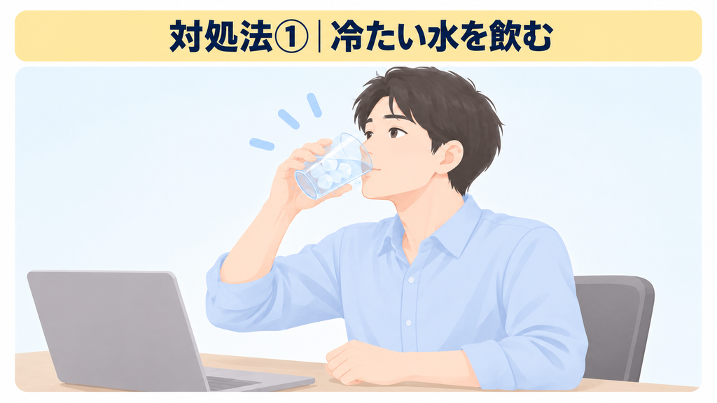 デスクで氷入りのグラスから冷たい水を飲んでいる様子
