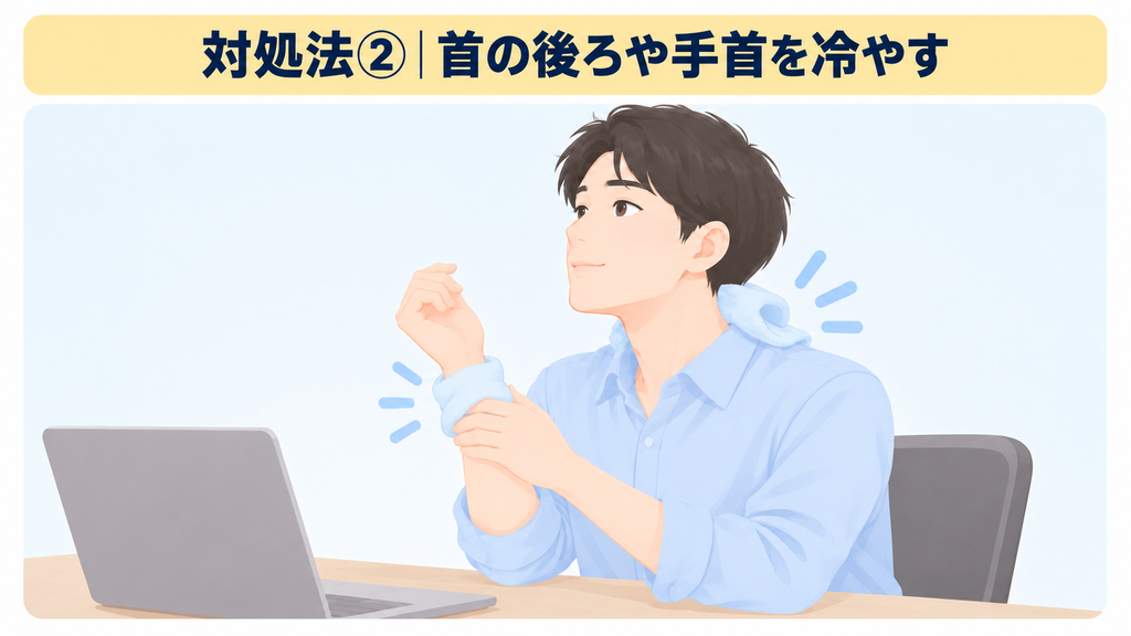 首の後ろに冷たいものを当て、手首を反対の手で冷やしている様子