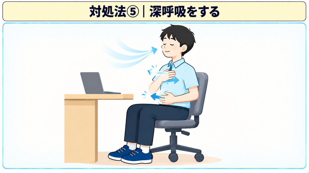 椅子に座り、胸とお腹に手を当ててゆっくり呼吸している様子