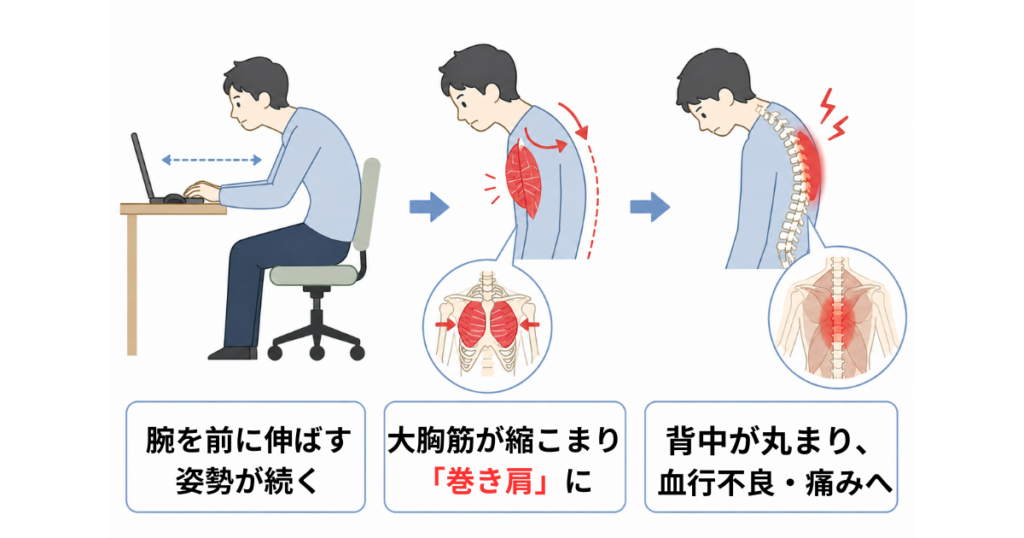 猫背・巻き肩が背骨や関節に与える負担