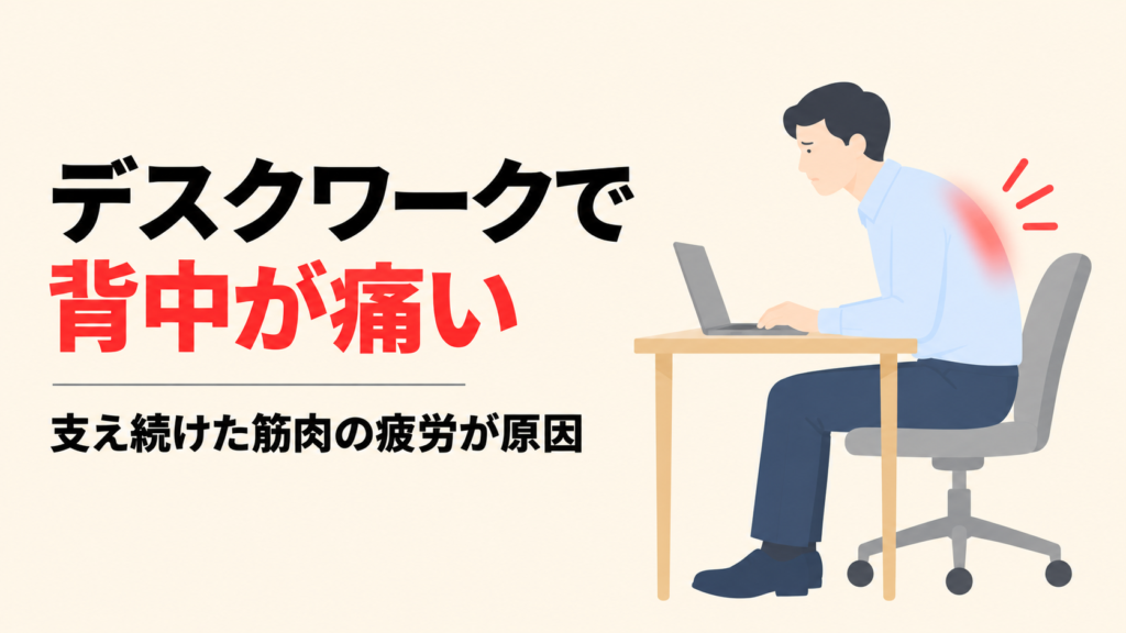 デスクワークで前かがみになり、肩甲骨のあいだに痛みが出ている人のイラスト