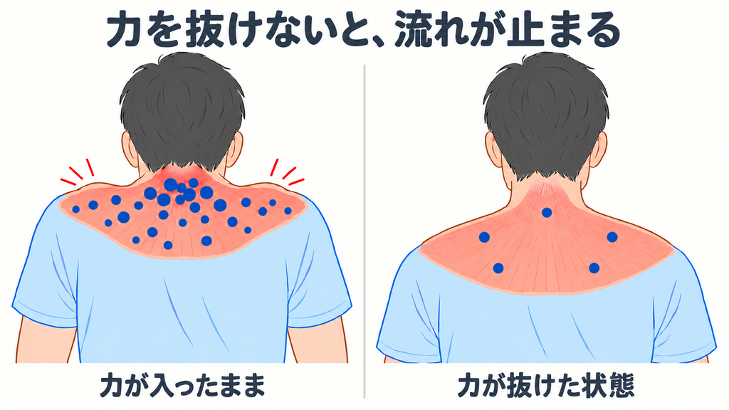 首から肩の筋肉を透過して描き、力が入ったままだと疲労物質が溜まり、力が抜けると減る様子を比較したイラスト