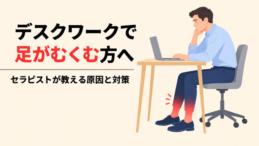 デスクワークで夕方に足がむくんだ状態を示した、机に向かって座る人のイラスト