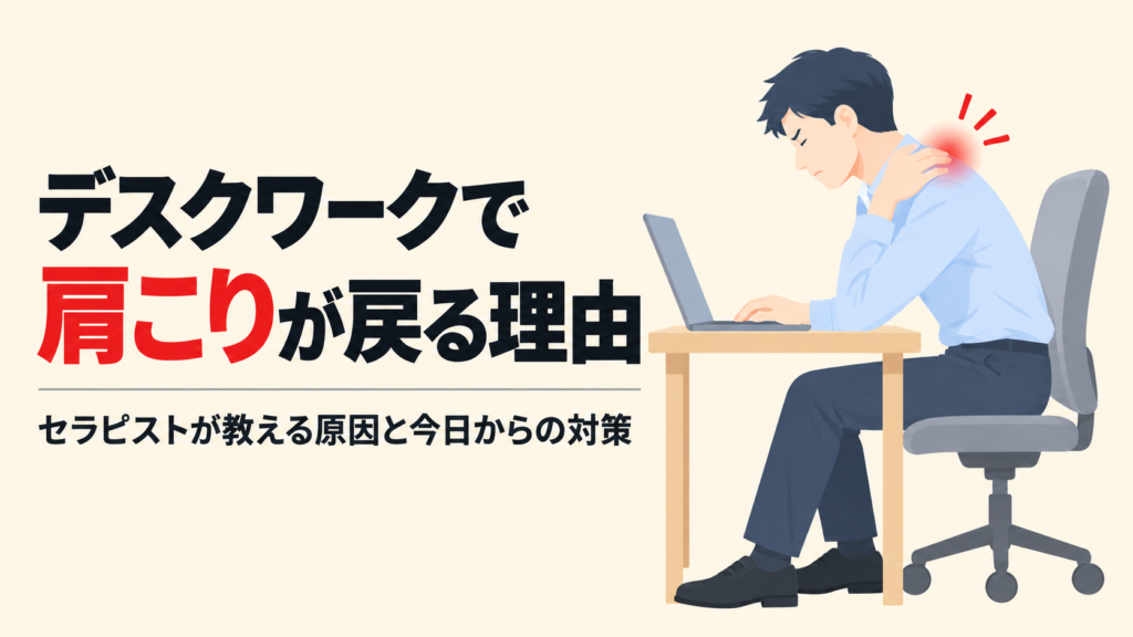 机のノートパソコンに前かがみで向かい、首のつけ根を手で押さえて肩の上に痛みが出ている人のイラスト