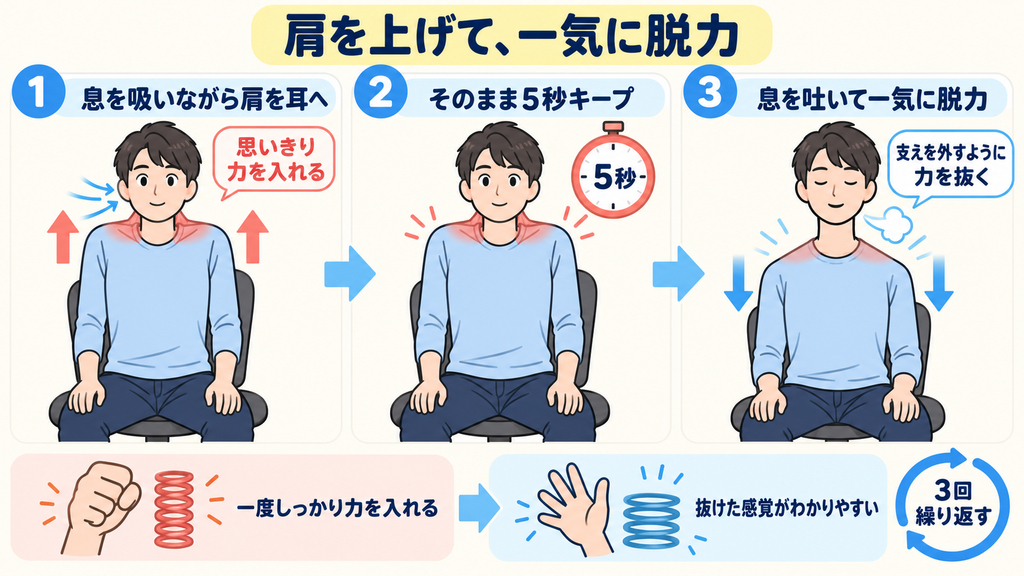 両肩を耳に近づけて5秒キープし、息を吐きながら一気に力を抜く手順を3コマで示したイラスト