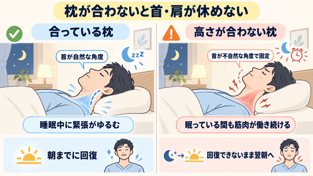 高さが合う枕と合わない枕を比べ、合わないと眠っている間も首や肩の筋肉が働き続けることを示したイラスト