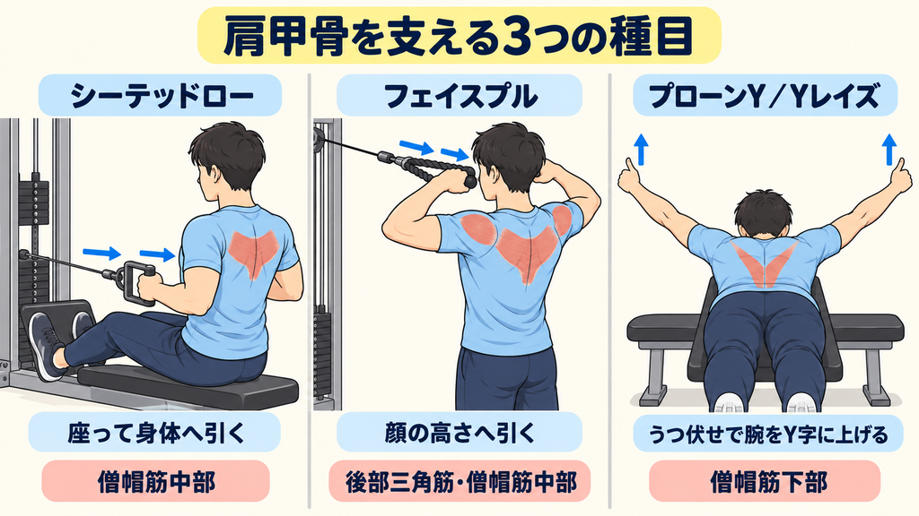 シーテッドロー、フェイスプル、プローンYの3種目と、それぞれ働く筋肉を示したイラスト