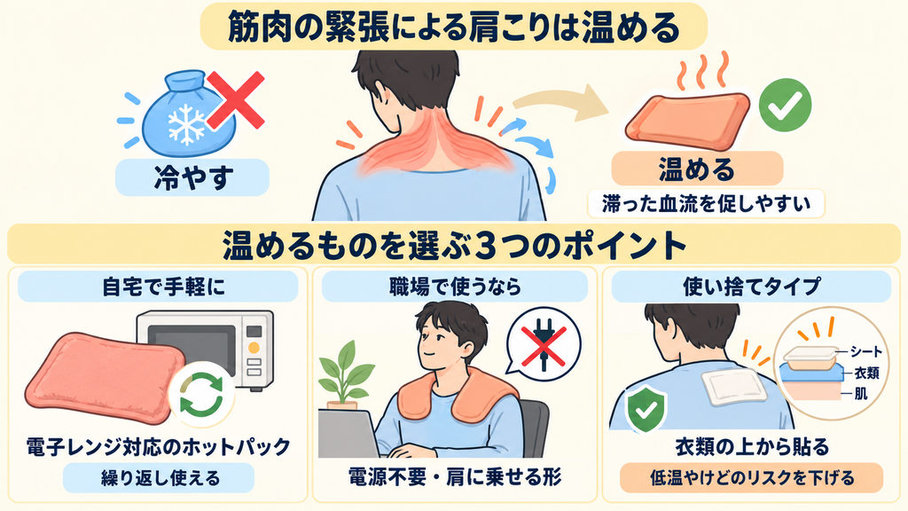 筋肉の緊張による肩こりは温めるほうが向いていることと、温めるものを選ぶ3つのポイントを示したイラスト