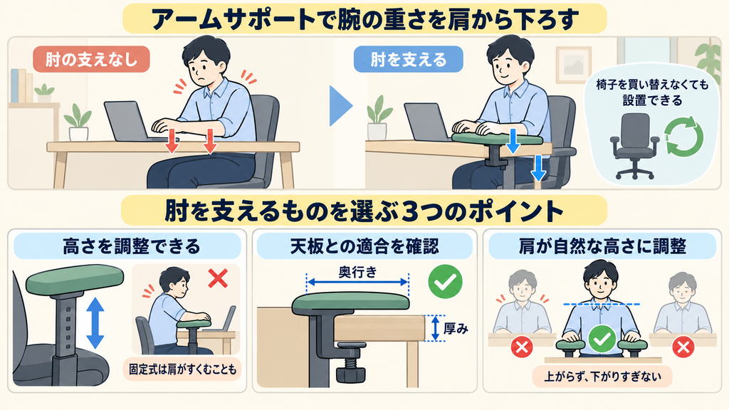 肘の支えがない状態と支えた状態を比較し、肘を支えるものを選ぶ3つのポイントを示したイラスト
