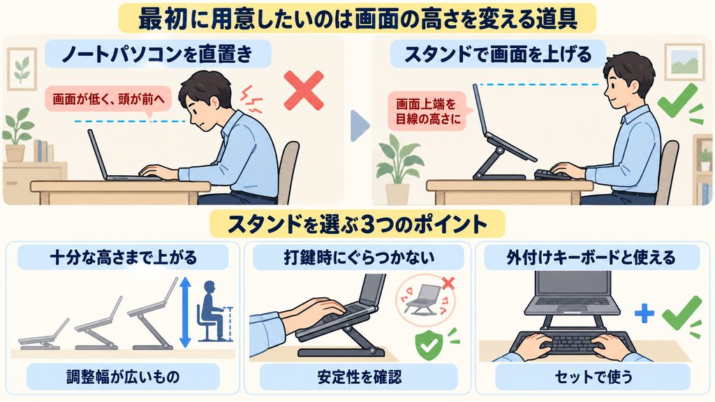 ノートパソコンの直置きとスタンド使用を比較し、スタンドを選ぶ3つのポイントを示したイラスト