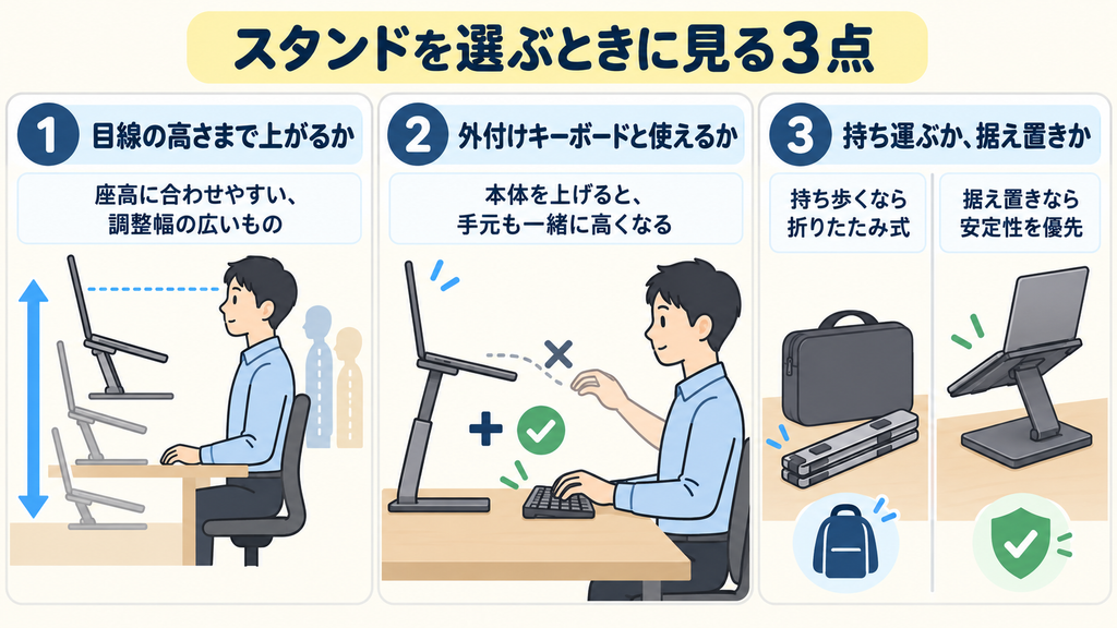 ノートPCスタンドを選ぶときに見る3点の図解。目線の高さまで上がるか、外付けキーボードと使えるか、持ち運ぶか据え置きか