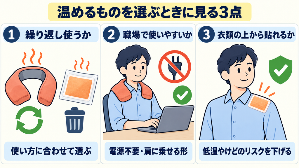 温めるものを選ぶときに見る3点の図解。繰り返し使うか、職場で使いやすいか、衣類の上から貼れるか