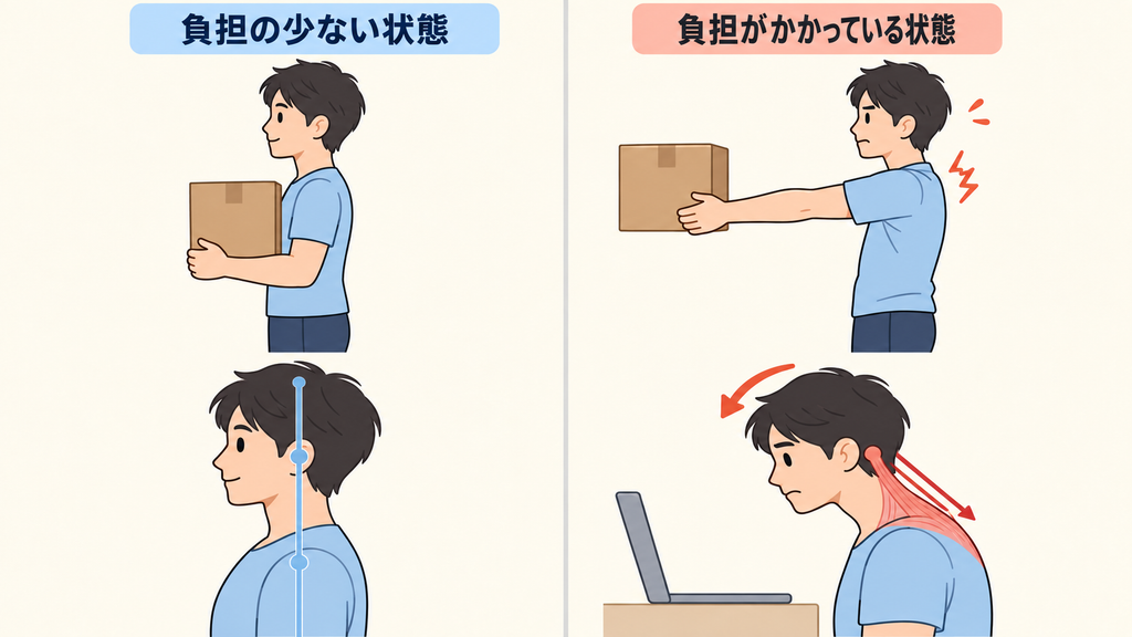 荷物を体に近づけて持つ場合と腕を伸ばして持つ場合を比べ、頭が前に出ると首肩の負担が増えることを示したイラスト