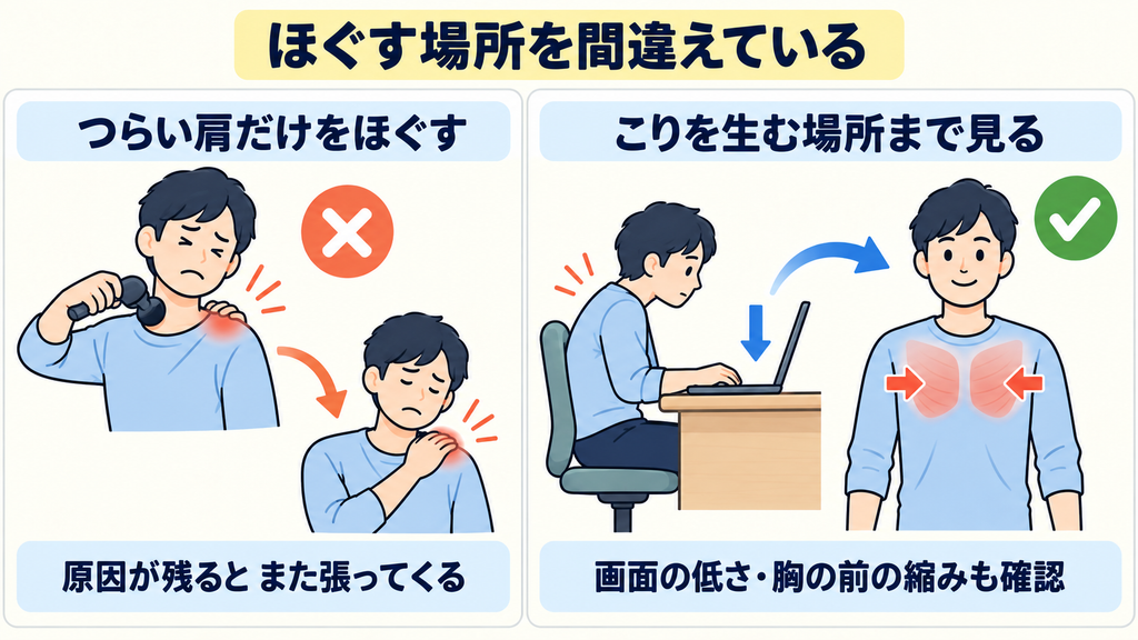 つらい肩だけをほぐすと張りが戻るため、画面の低さや胸の前の縮みまで確認する必要があることを示す比較図