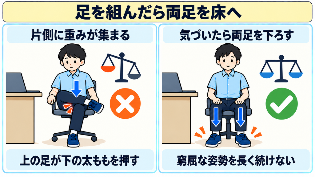 足を組んで片側に重みが集まる姿勢と、両足を床に下ろした姿勢の比較図