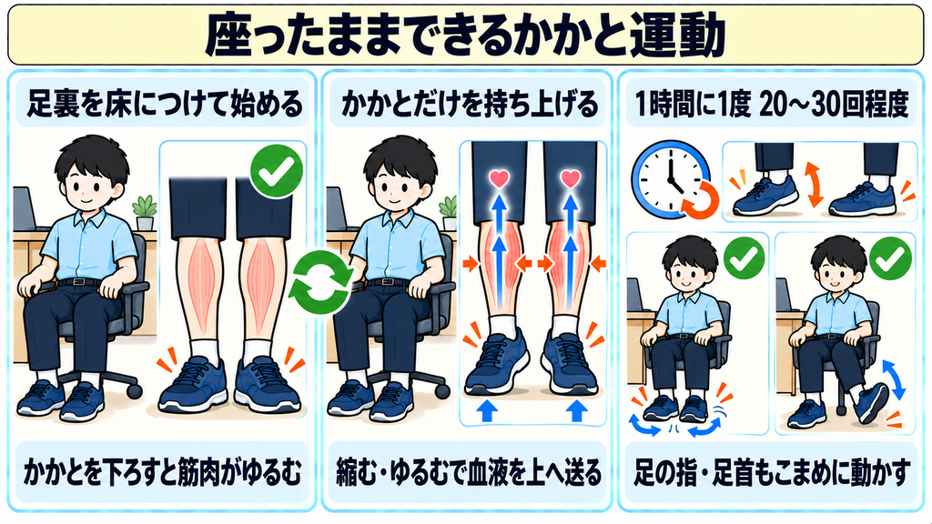 足裏を床につけてかかとを上げ下げし、1時間に1度20〜30回行うかかと運動の手順を示した図