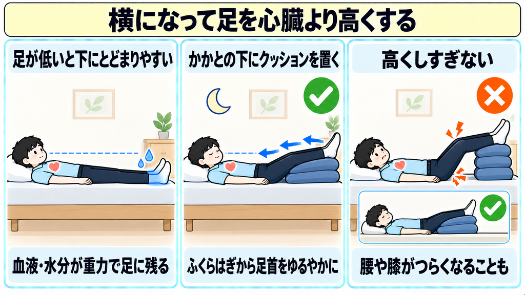 かかとの下にクッションを置いて足を心臓より高くする休み方と、高くしすぎた場合の注意を示した図