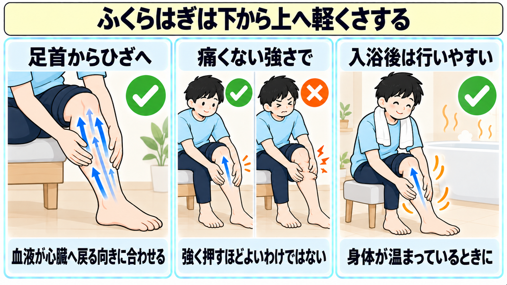 足首からひざへ向かって痛くない強さでさする方法と、入浴後に行いやすいことを示した図