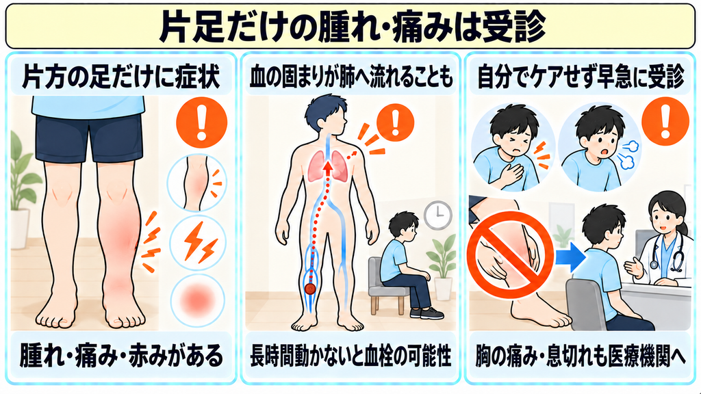 片方の足だけに腫れや痛み、赤みがあるときは自分でケアをせず受診することを示した図