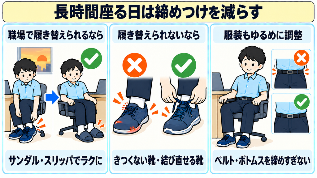 職場でサンダルに履き替える、きつくない靴を選ぶ、ベルトをゆるめに調整するという3つの方法の図