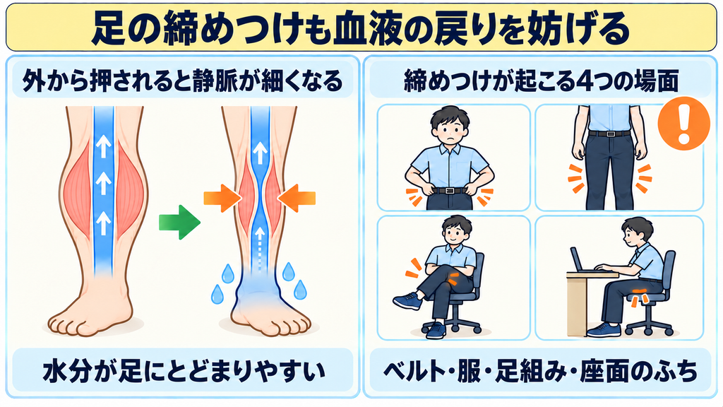 外から押されて静脈が細くなる様子と、ベルト・服・足組み・座面のふちという締めつけが起こる4つの場面の図