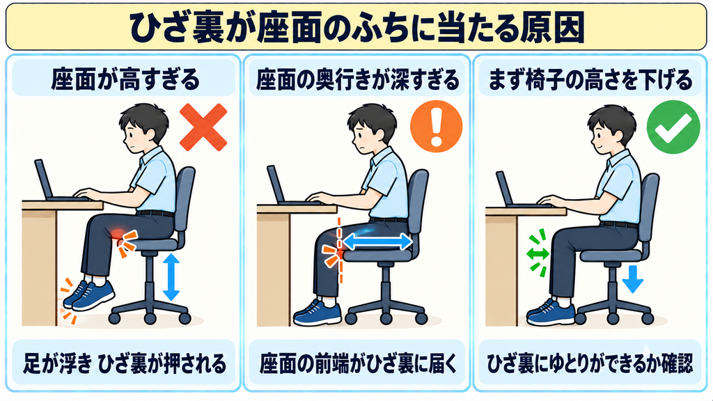座面が高すぎて足が浮きひざ裏が押される様子、座面の奥行きが深くふちがひざ裏に届く様子、椅子を下げてひざ裏のゆとりを確かめる様子を並べた図