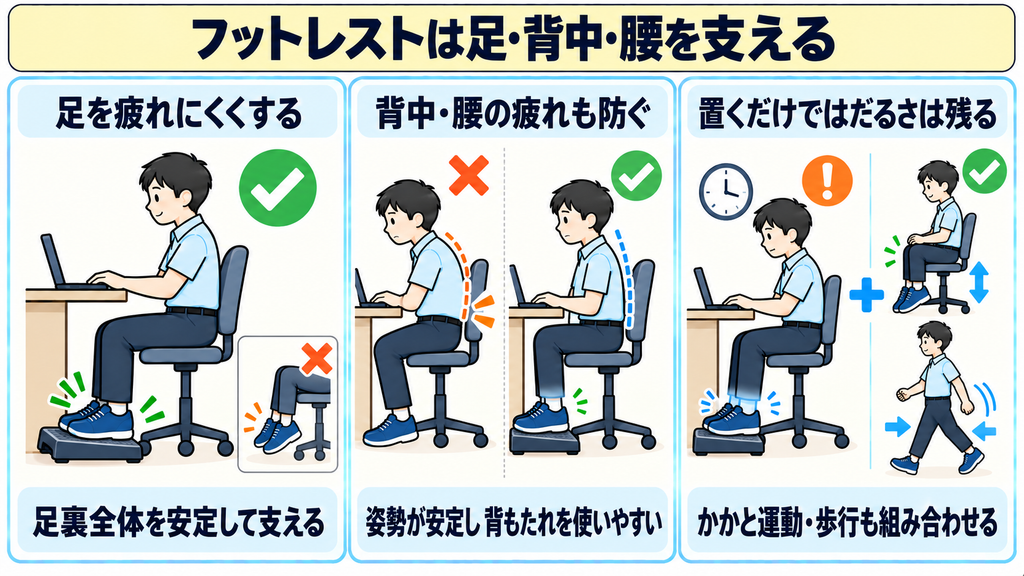 足台が足の疲れを防ぐ様子、背中と腰の疲れも防ぐ様子、置くだけではだるさが残るためかかと運動や歩行も組み合わせる様子を示した図