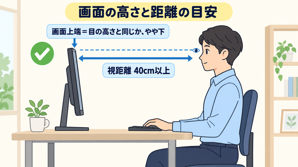画面の上端を目の高さと同じかやや下に置き、視距離40cm以上を確保した座り方のイラスト