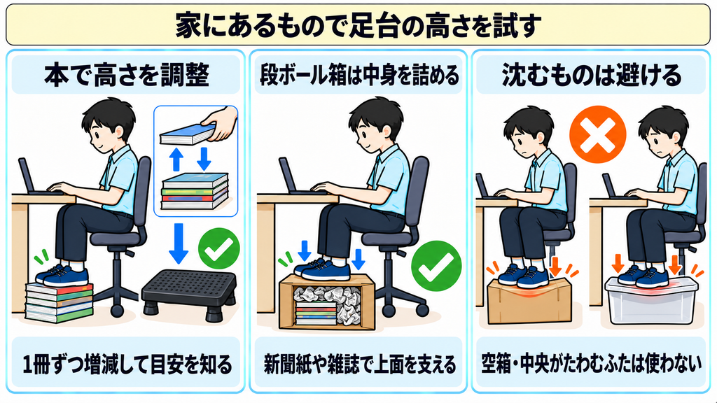 本を1冊ずつ重ねて高さを調整する方法、段ボール箱に新聞紙を詰めて上面を支える方法、中央がたわむふたの収納ボックスを避けることを示した図
