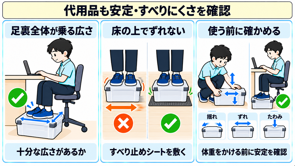 足裏全体が乗る広さの確認、すべり止めシートで床の上でずれないようにする方法、体重をかける前に揺れ・ずれ・たわみを確かめる手順を示した図
