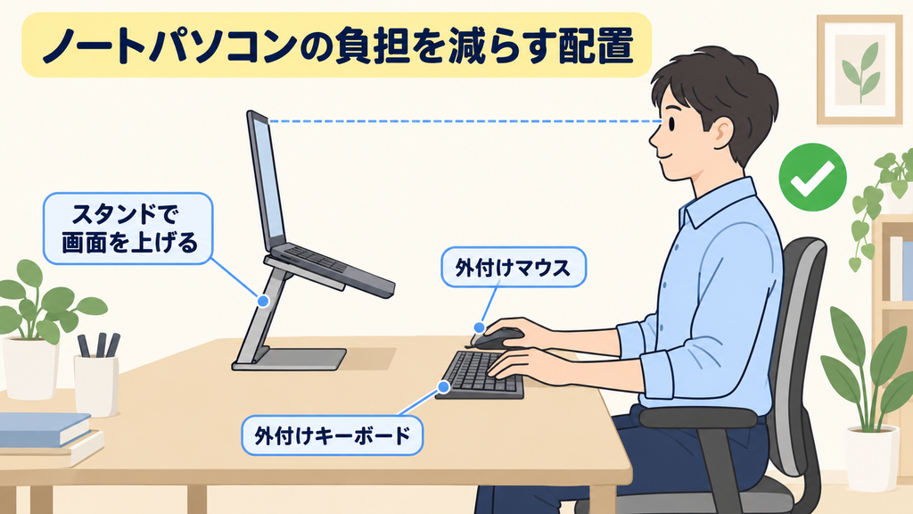 ノートパソコンをスタンドで上げ、外付けキーボードとマウスを使う配置のイラスト