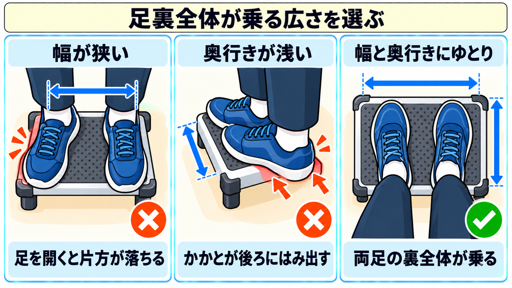 幅が狭く足を開くと片方が落ちる状態、奥行きが浅くかかとがはみ出す状態、両足の裏全体が乗る広さの足台を比べた図