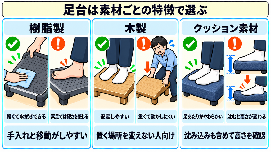 水拭きできるが素足では硬い樹脂製、安定するが重くて動かしにくい木製、やわらかいが体重で沈むクッション素材を比べた図