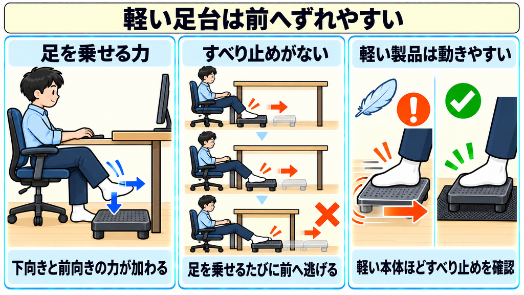 足を乗せるときに下向きと前向きの力が加わる様子、すべり止めがないと台が前へ逃げる様子、軽い製品ほどすべり止めの確認が必要なことを示した図