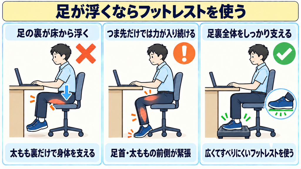 足の裏が床から浮いた座り方、つま先だけが接して足首と太ももの前側が緊張した座り方、足台に足裏全体を乗せた座り方を比べた図