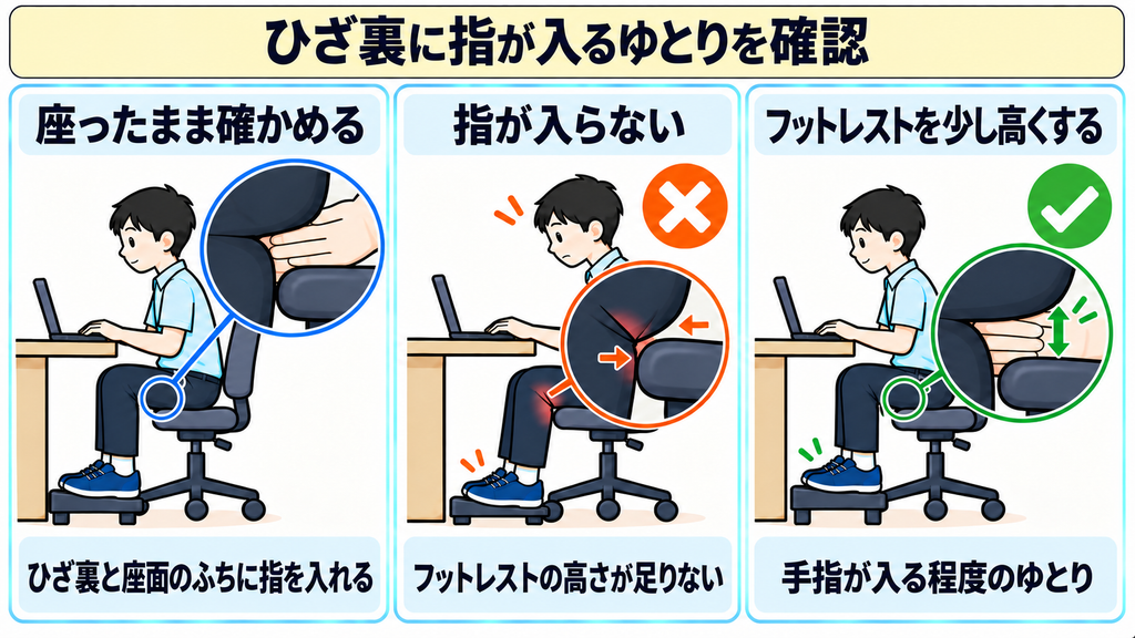 ひざ裏と座面のふちに指を入れて確かめる様子、指が入らない状態、足台を少し高くして手指が入る程度のゆとりをつくった状態を並べた図