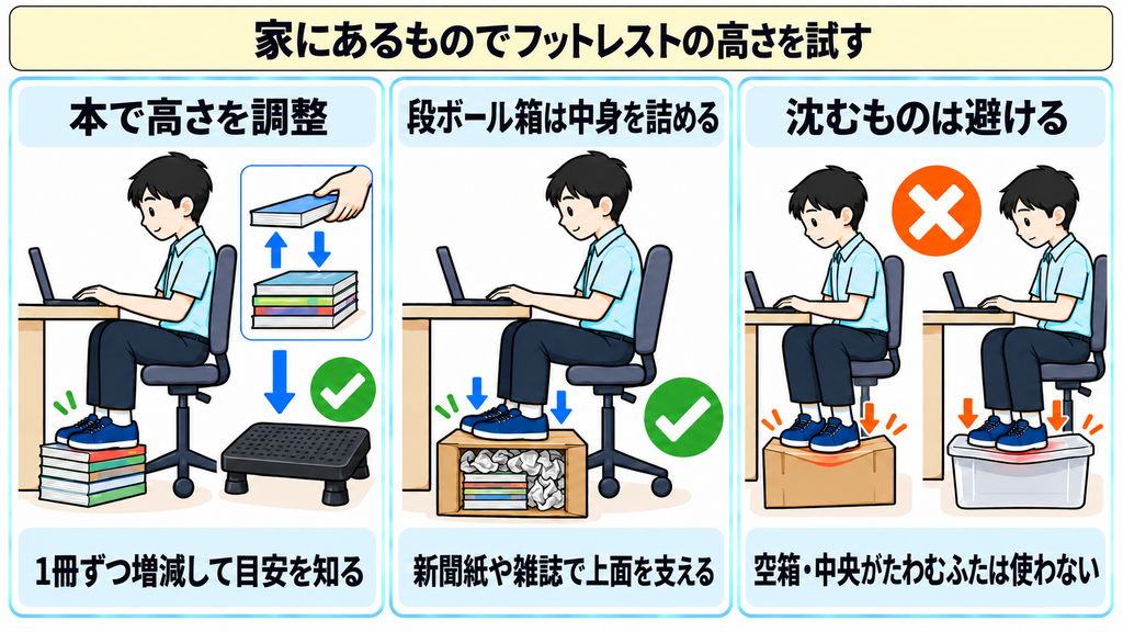 本を1冊ずつ重ねて高さを調整する方法、段ボール箱に新聞紙を詰めて上面を支える方法、中央がたわむふたの収納ボックスを避けることを示した図