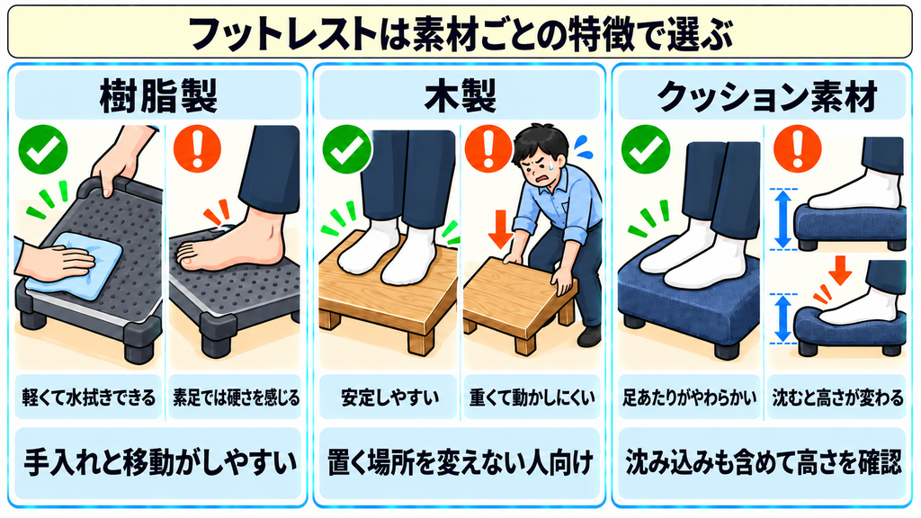 水拭きできるが素足では硬い樹脂製、安定するが重くて動かしにくい木製、やわらかいが体重で沈むクッション素材を比べた図