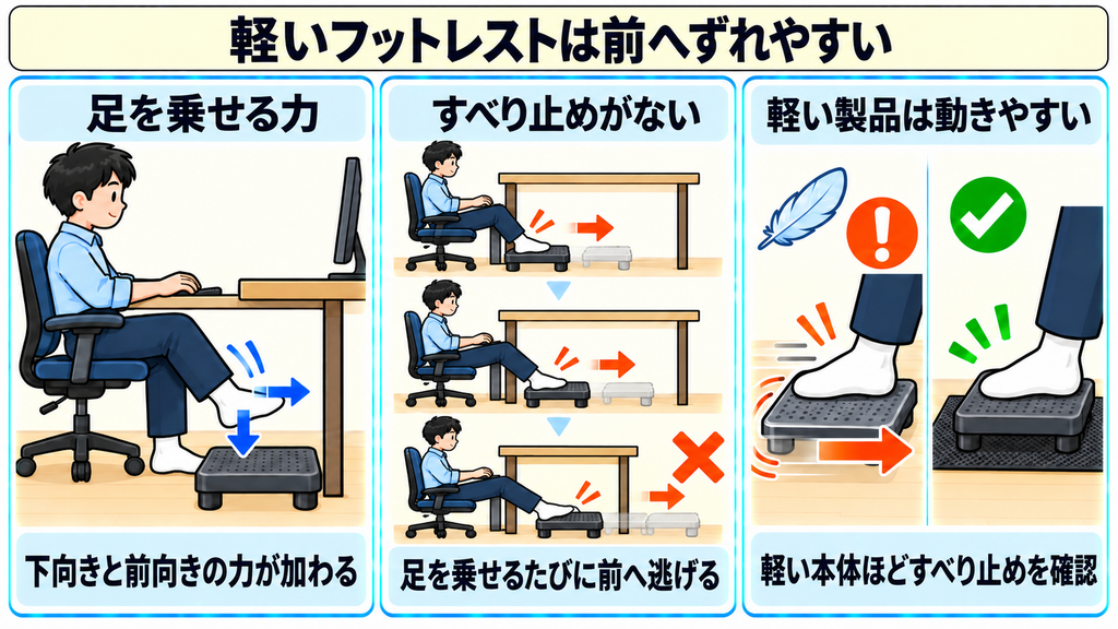 足を乗せるときに下向きと前向きの力が加わる様子、すべり止めがないと台が前へ逃げる様子、軽い製品ほどすべり止めの確認が必要なことを示した図