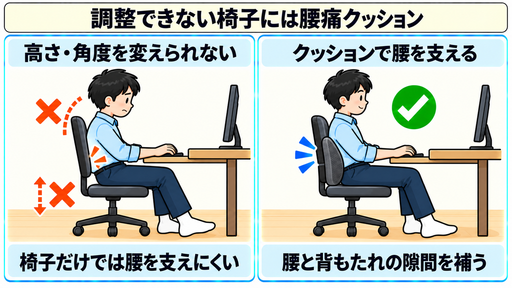 高さも角度も変えられない椅子で腰を支えきれない様子と、クッションで腰と背もたれのすき間を補った様子を比べた図