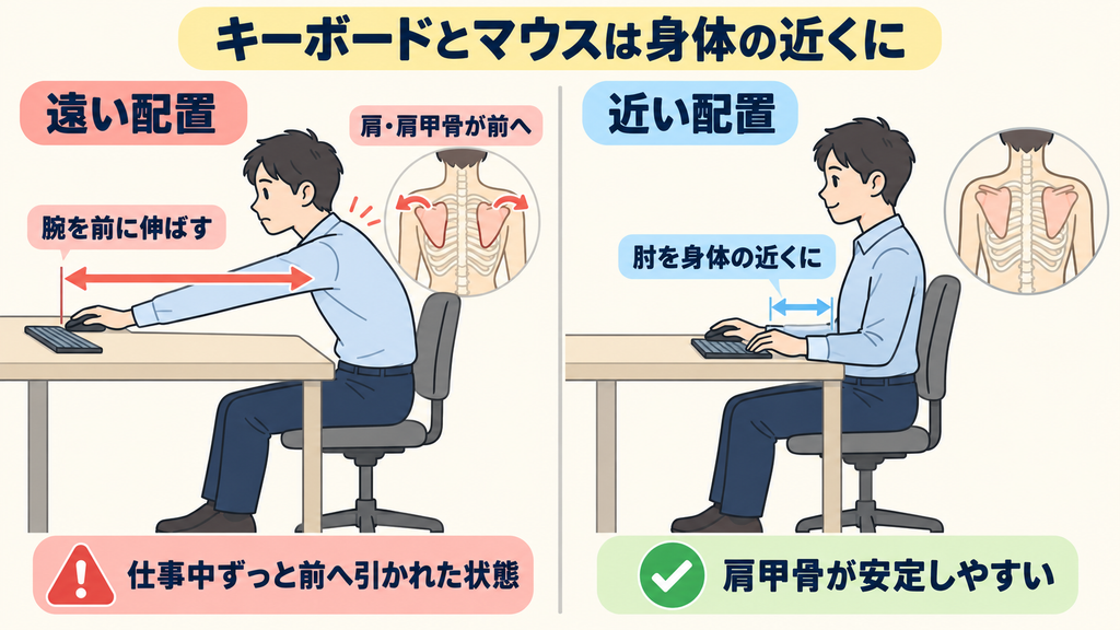 キーボードとマウスが遠く腕を前に伸ばした状態と、肘を身体の近くに置いた状態を比較したイラスト