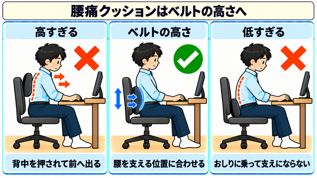 腰当ての位置が高すぎて背中を押される状態、ベルトの高さに合った状態、低すぎておしりに乗る状態を並べた図