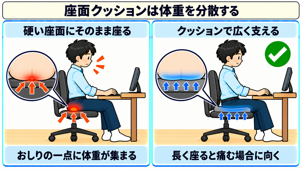 硬い座面でおしりの一点に体重が集まる様子と、座面クッションで体重を広く分散させた様子を比べた図