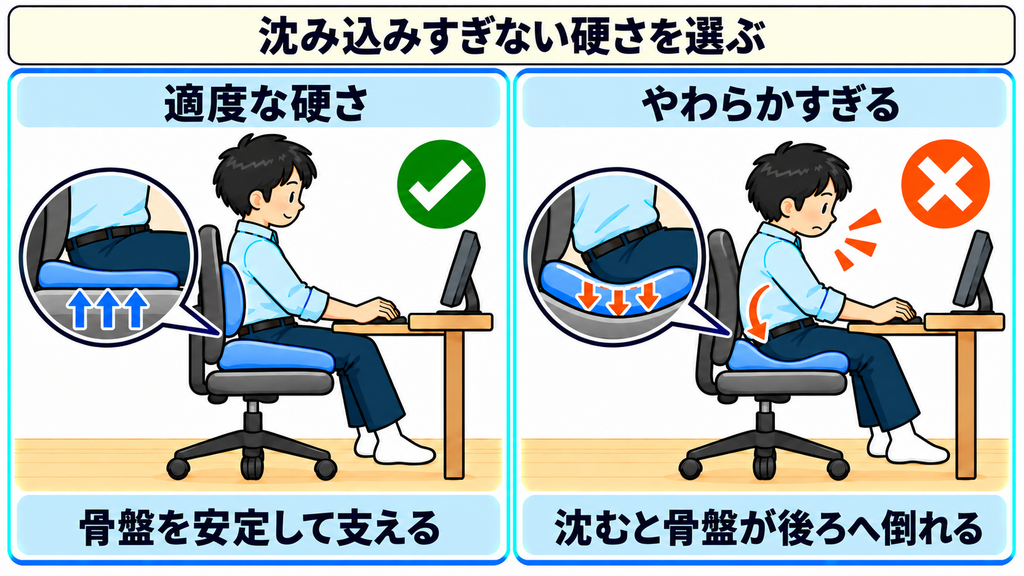 適度な硬さで骨盤を安定して支える様子と、やわらかすぎて沈み骨盤が後ろへ倒れる様子を比べた図